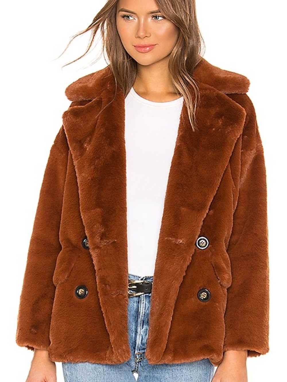 Free People Double-Breasted Faux Fur Coat - Terracotta